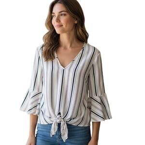Lavender Field Bell Sleeve Blouse Womens Medium White Striped Tie Waist Top